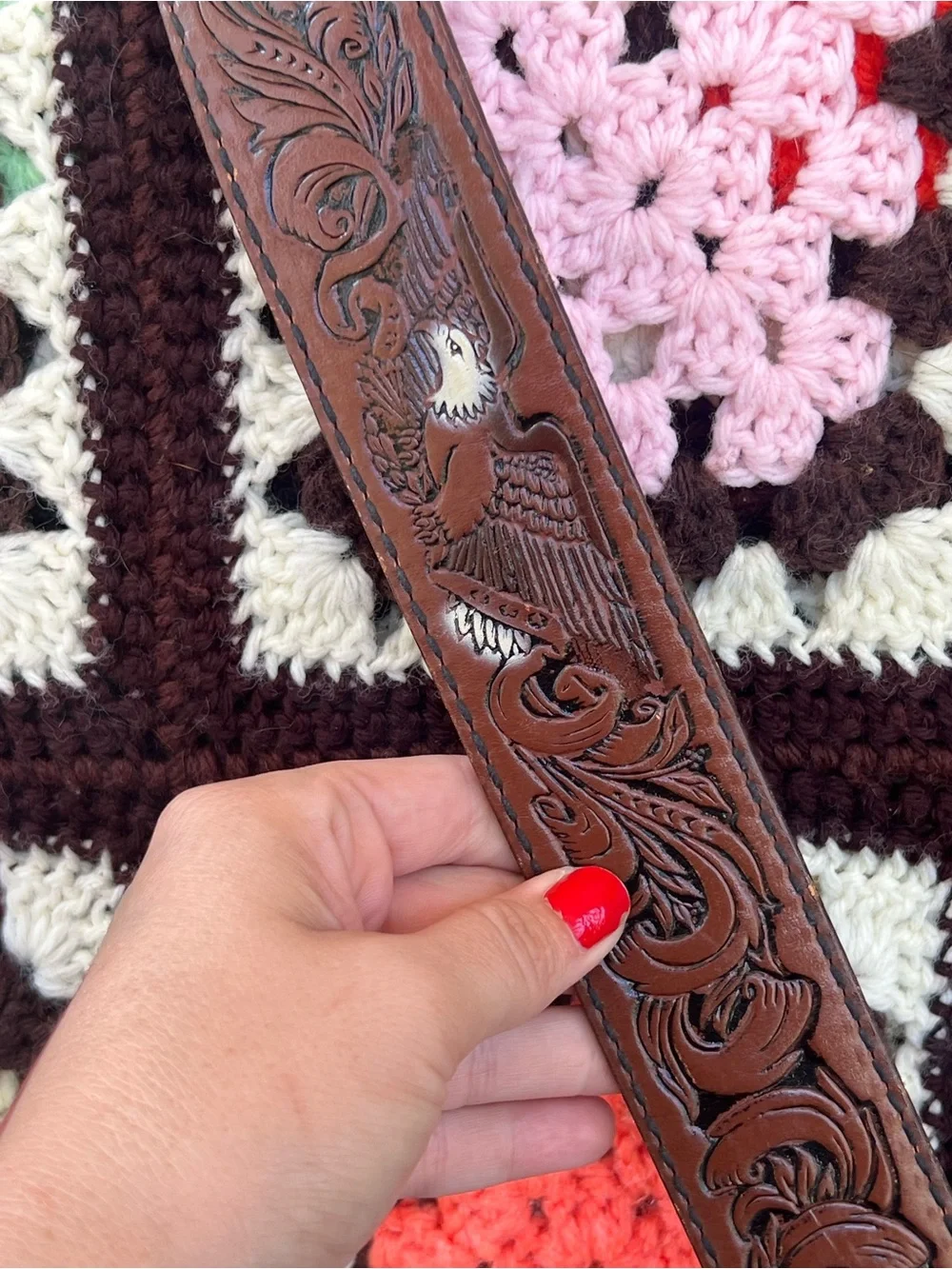 Vintage Eagle Embossed Leather Belt Strap Size 36 Brown Western USA No Buckle